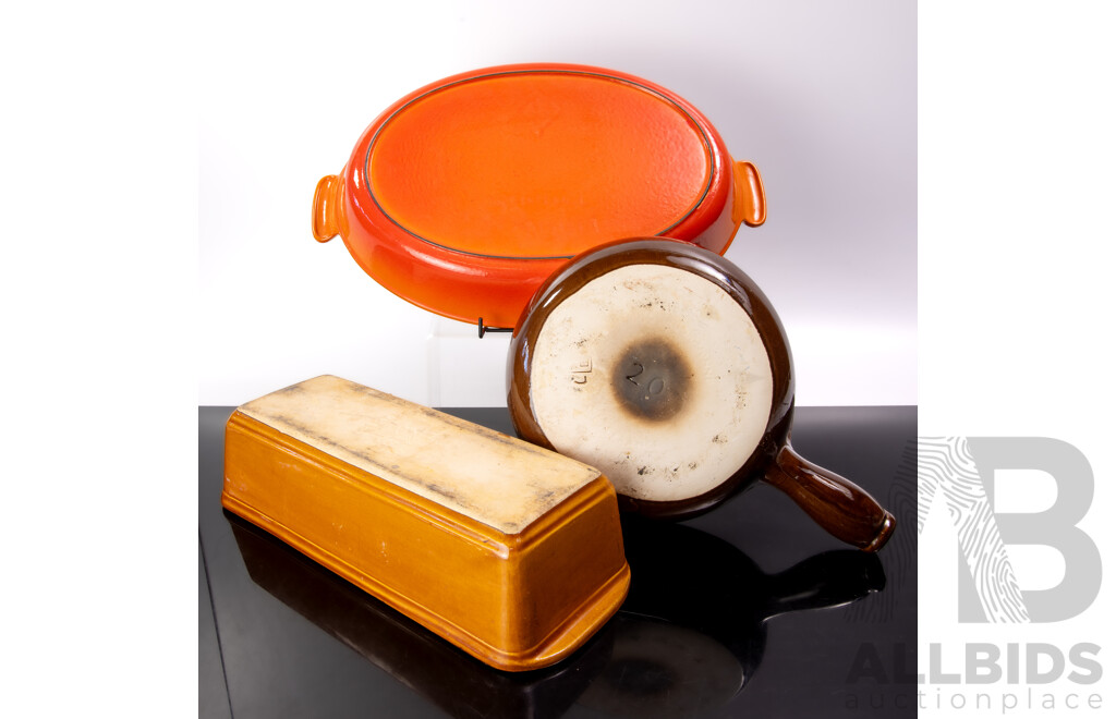 Collection Quality French Cookware Comprising Le Creuset Oval Enamelled Cast Iron Oven Dish, Terracotta Terrine Mould & Large Ceramic Ramekin