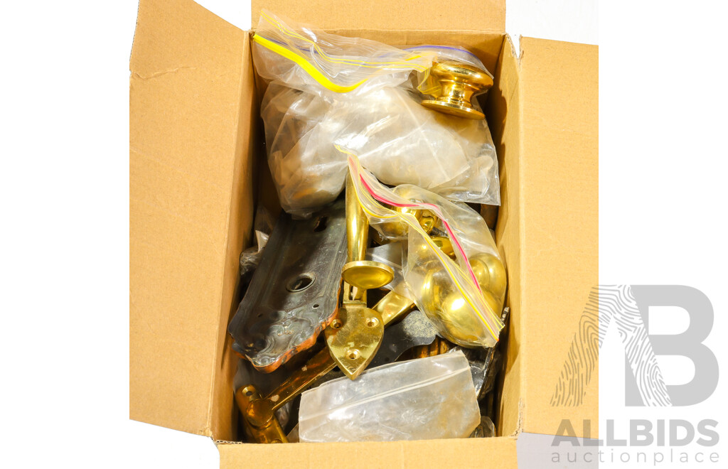 Assortment of Brass and Cast Metal House and Furniture Hardware Including Sconces, Door Handles, Hooks, Handles, House Numbers, Hinges, Locks, Door Knockers, Striker Plates
