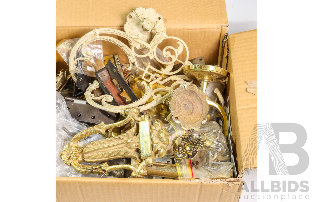 Assortment of Brass and Cast Metal House and Furniture Hardware Including Sconces, Door Handles, Hooks, Handles, House Numbers, Hinges, Locks, Door Knockers, Striker Plates