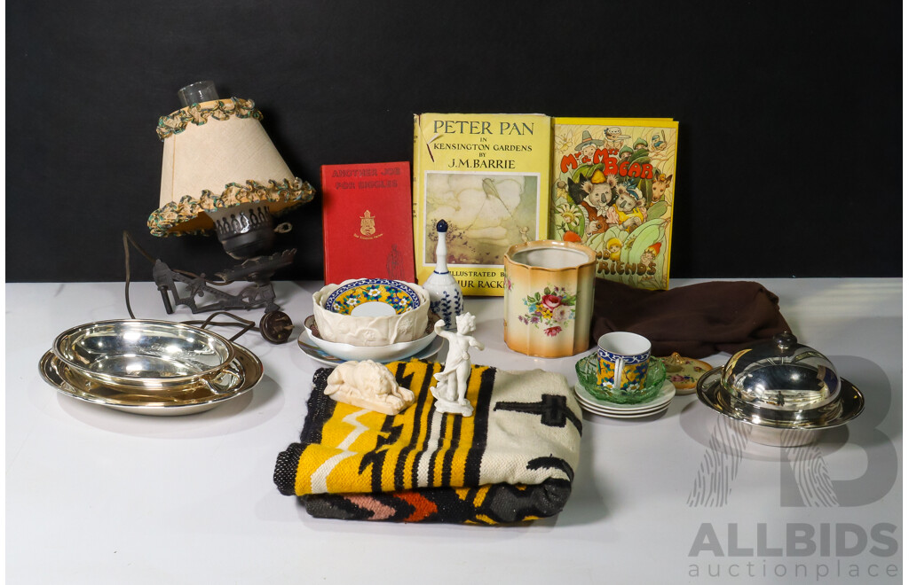 Assortment of Collectables, Ceramic Ware Including Kutani Cup and Saucer, Silver Plate Warmer, Vintage Wall Lamp, Mexican Rug, Books, Peter Pan, Another Job for Biggles, Mr & Mrs Bear
