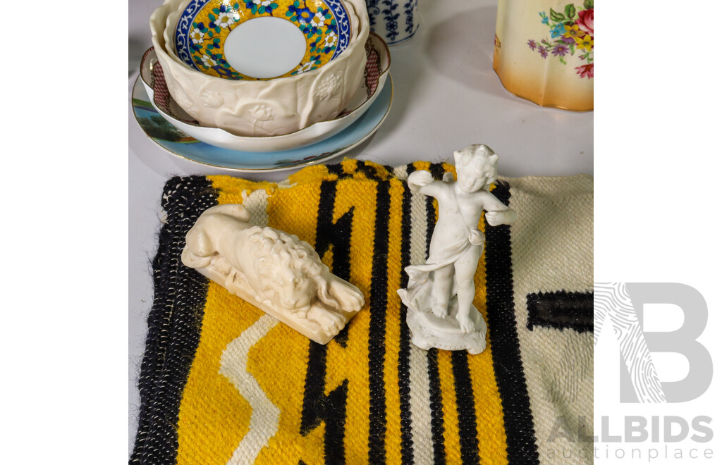 Assortment of Collectables, Ceramic Ware Including Kutani Cup and Saucer, Silver Plate Warmer, Vintage Wall Lamp, Mexican Rug, Books, Peter Pan, Another Job for Biggles, Mr & Mrs Bear