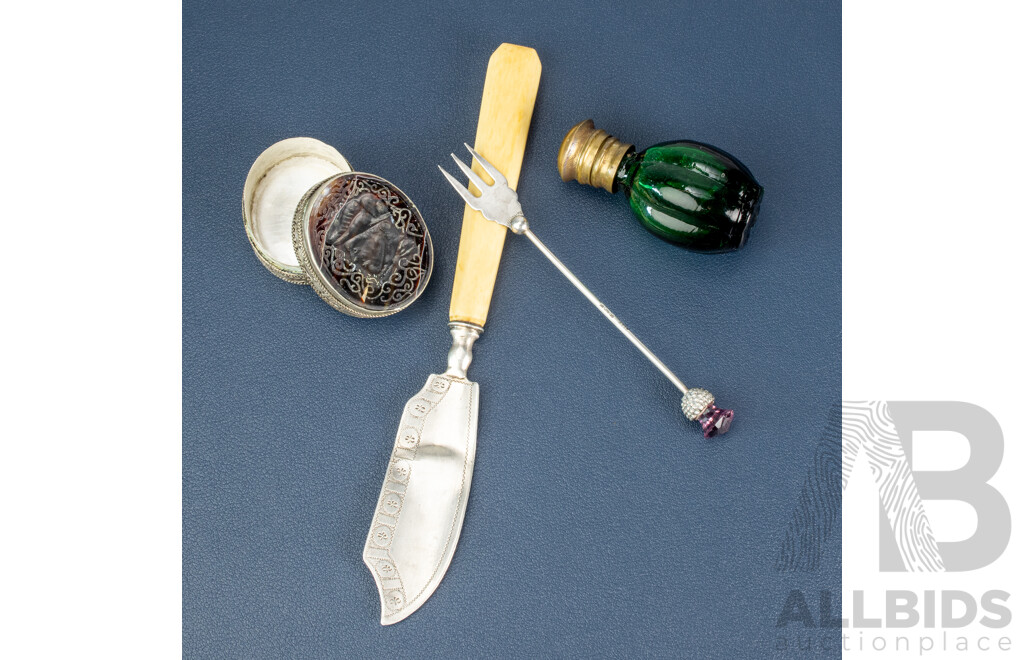 Vintage Sterling Silver Butter Knife and Cocktail Fork, Birmingham, Vintage Silver Pill Box with Carved Agate Lid, Green Glass Perfume Bottle with Brass Flip Top