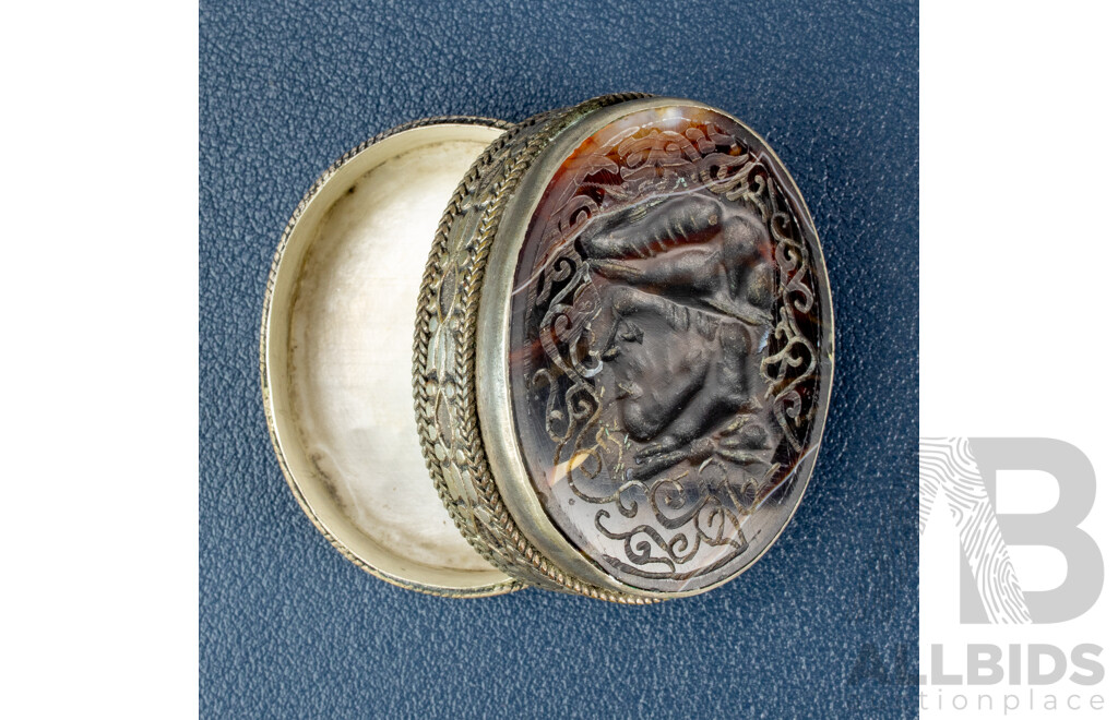 Vintage Sterling Silver Butter Knife and Cocktail Fork, Birmingham, Vintage Silver Pill Box with Carved Agate Lid, Green Glass Perfume Bottle with Brass Flip Top