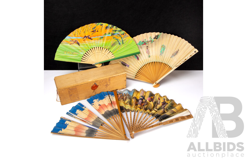 Collection of Four Vintage Japanese Rice Paper Hand Fans in Vintage Box