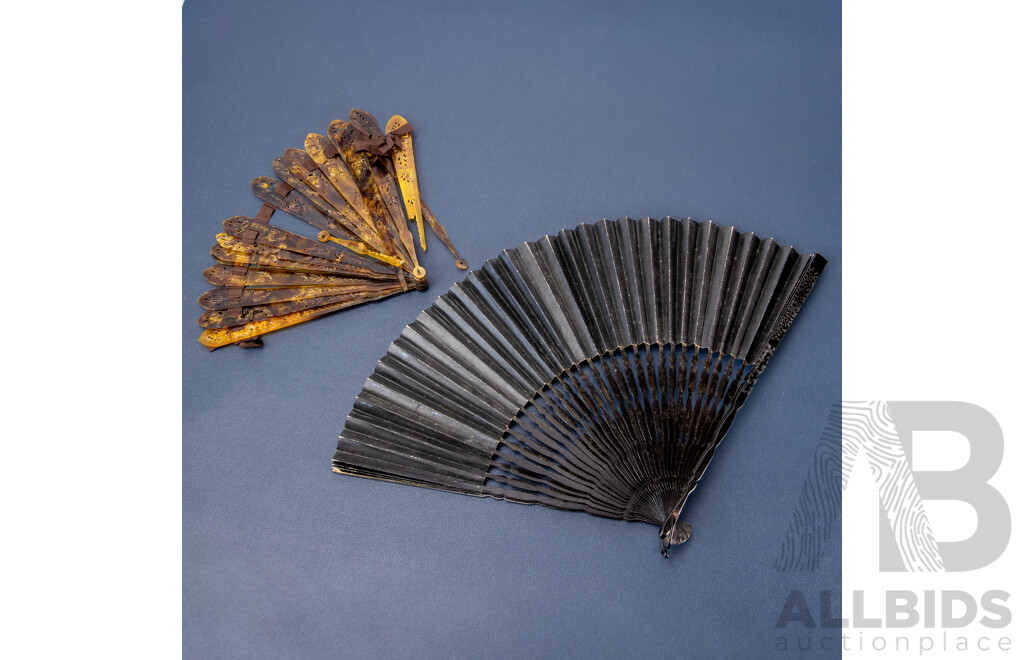 Vintage Pierced Tortoise Shell Japanes Hand Fan and Paper Example