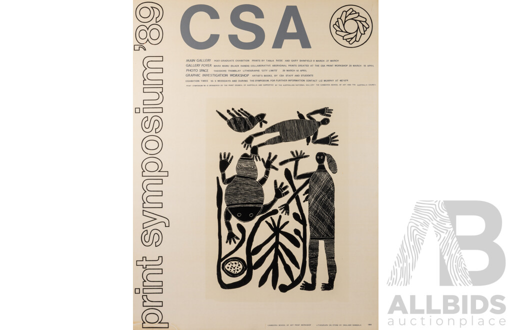 England Bangala (20th Century, Indigenous-Australian, C1925-2001), Hunting Story (1984), Reproduction Print of Original Lithograph on Stone, Canberra School of Art Print Symposium Poster, 1989, 101 x 75 cm