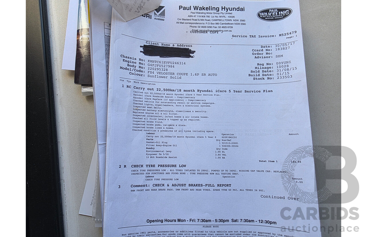 8/2015 Hyundai Veloster SR Turbo FS4 SERIES 2 3d Coupe Yellow Turbo 1.6L