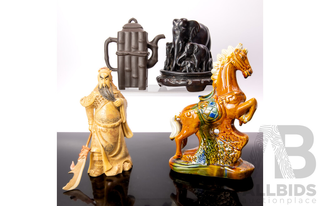 Chinese Yi Xing Teapot, Sancai Glazed Tang Style Ceramic Horse Figure, Composite Guan Yu and Elephant Group with Stand