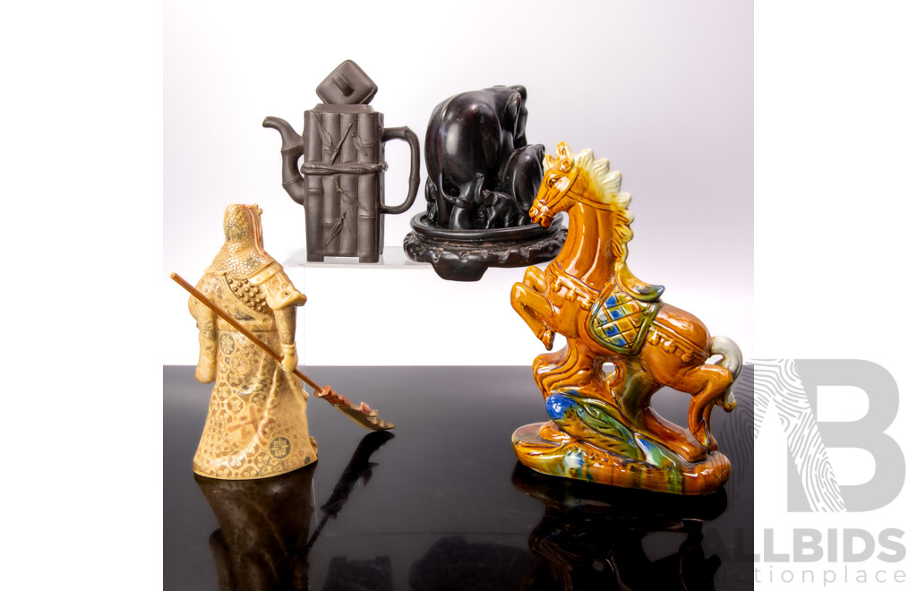 Chinese Yi Xing Teapot, Sancai Glazed Tang Style Ceramic Horse Figure, Composite Guan Yu and Elephant Group with Stand