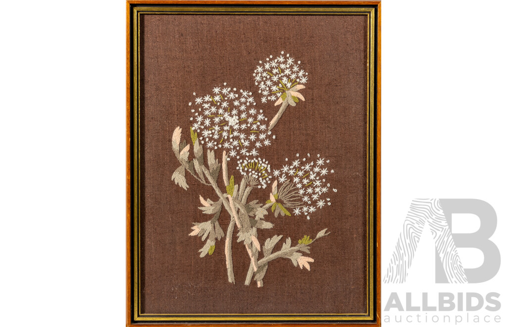 Artist Unknown (20th Century), Four Studies of Flowers, Wonderful Collection of Vintage Hand Embroidered Long & Short Stitch on Brown Linen Panels, 40 x 32 cm (frames) (4)