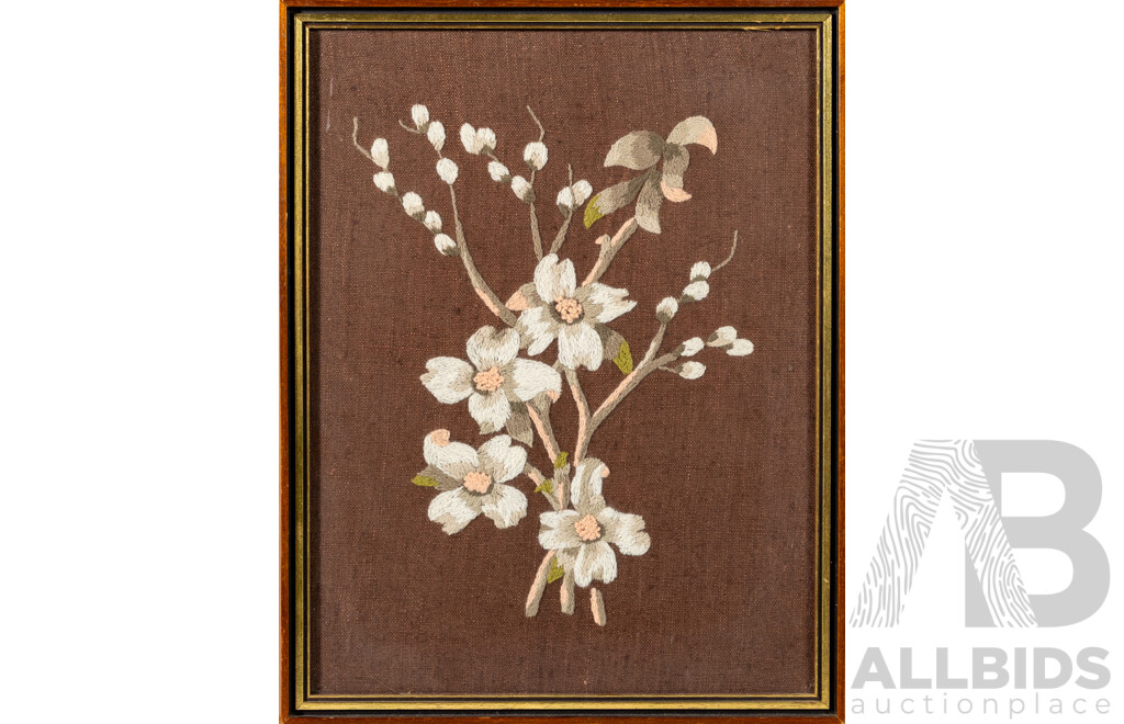 Artist Unknown (20th Century), Four Studies of Flowers, Wonderful Collection of Vintage Hand Embroidered Long & Short Stitch on Brown Linen Panels, 40 x 32 cm (frames) (4)