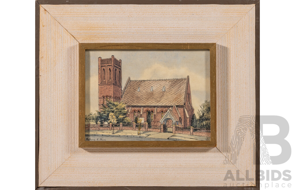 Silvia Fitton, (20th Century, Australian, Working C1970s), Holy Trinity Church, Grenfell NSW, Lovely Original Vintage Ink & Watercolour, 28 X 33 Cm (edge to edge)