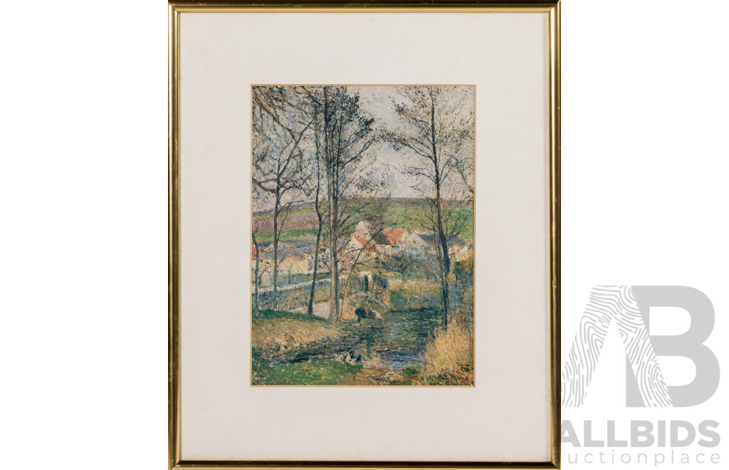 Camille Pissarro (19th Century, Danish-French, 1830-1903), the Banks of the Viosne at Osny, in Grey Weather, Winter (Bords De La Viosne À Osny, Temps Gris, Hiver), Reproduction Print of Original From 1883, 37 x 31 cm (frame)