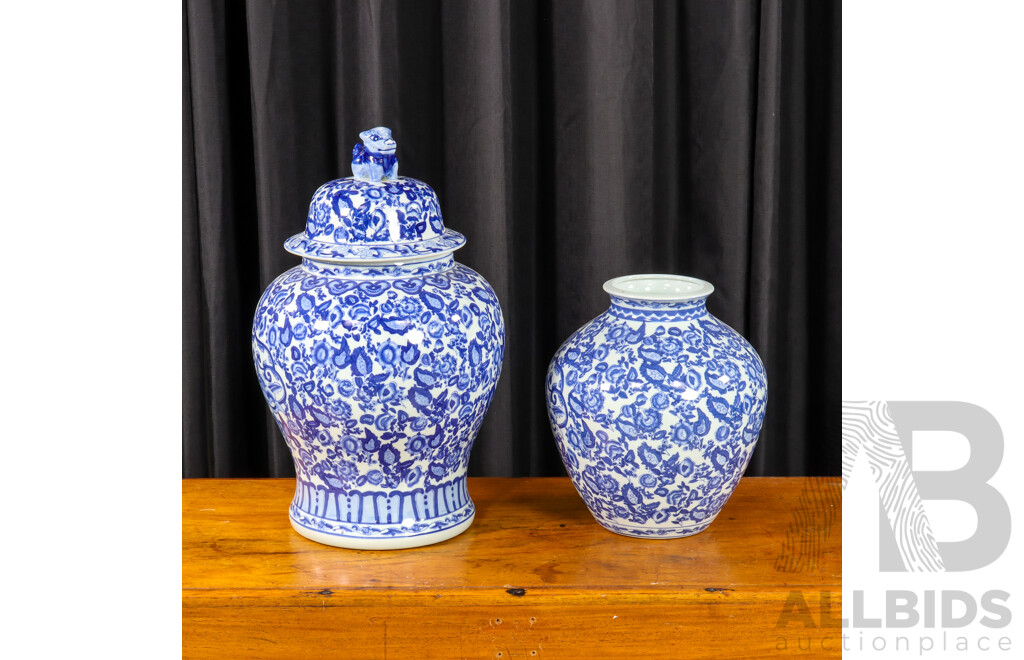 Large Chinese Blue and White Lidded Ginger Jar and Smaller Example