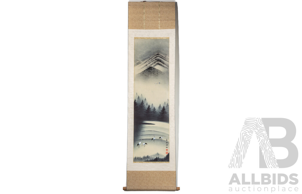 Artists Unknown (20th Century, Chinese School), Cranes in Summer - Autumn, Winter and Spring, Absolutely Fantastic Quartet of Vintage Ink & Colour Wash Scrolls, 170 x 43 cm (scrolls) (4)
