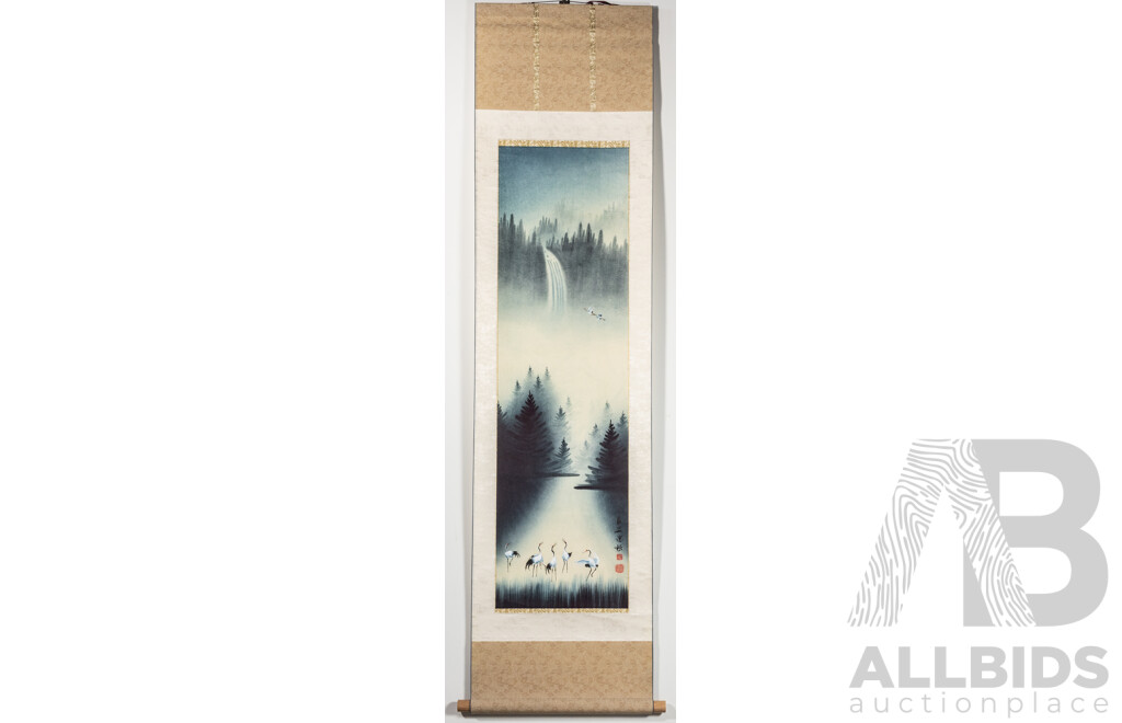 Artists Unknown (20th Century, Chinese School), Cranes in Summer - Autumn, Winter and Spring, Absolutely Fantastic Quartet of Vintage Ink & Colour Wash Scrolls, 170 x 43 cm (scrolls) (4)