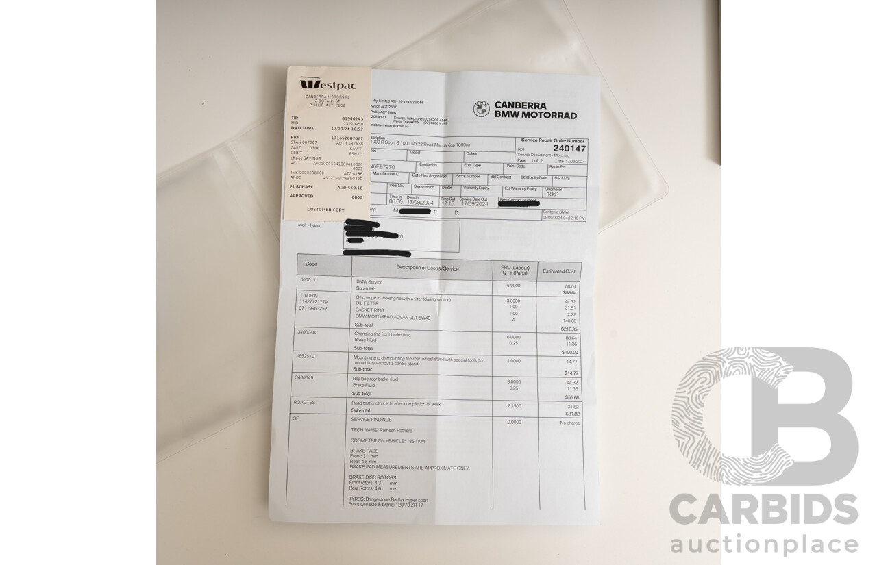 07/2022 BMW S 1000 RR Sport 999cc Super Sport Motorbike Mineral Grey Metallic