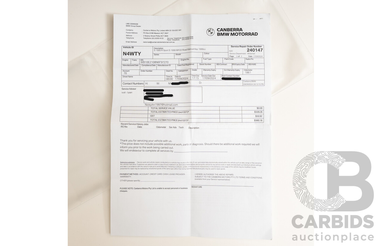 07/2022 BMW S 1000 RR Sport 999cc Super Sport Motorbike Mineral Grey Metallic