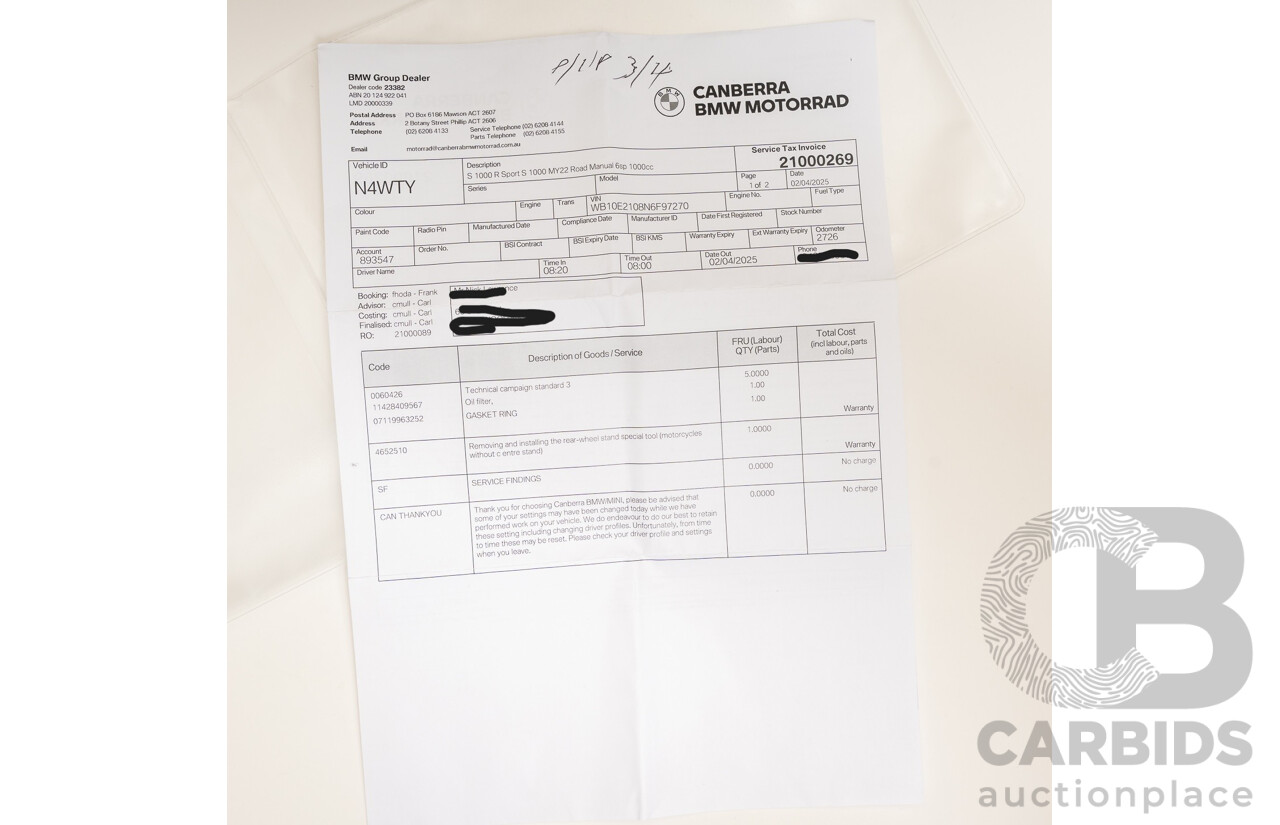 07/2022 BMW S 1000 RR Sport 999cc Super Sport Motorbike Mineral Grey Metallic