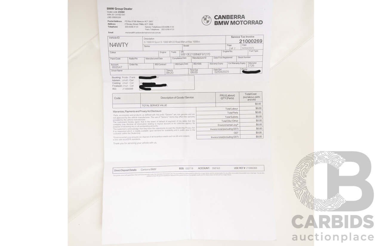 07/2022 BMW S 1000 RR Sport 999cc Super Sport Motorbike Mineral Grey Metallic