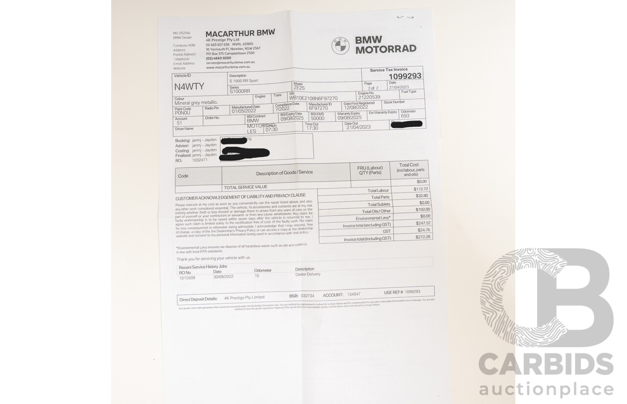 07/2022 BMW S 1000 RR Sport 999cc Super Sport Motorbike Mineral Grey Metallic