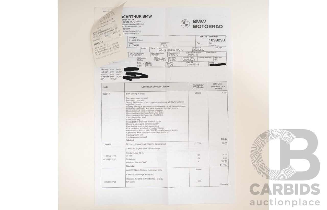 07/2022 BMW S 1000 RR Sport 999cc Super Sport Motorbike Mineral Grey Metallic