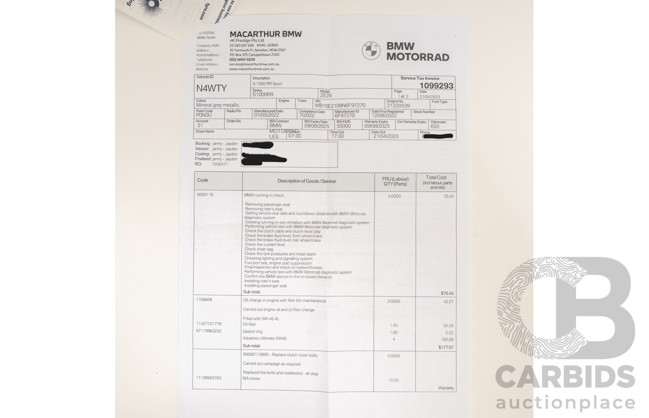 07/2022 BMW S 1000 RR Sport 999cc Super Sport Motorbike Mineral Grey Metallic