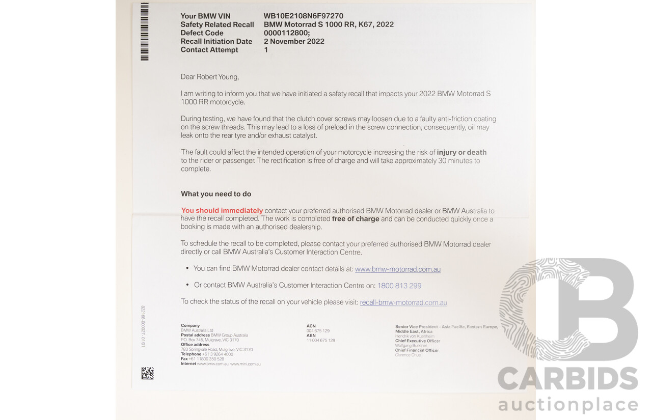 07/2022 BMW S 1000 RR Sport 999cc Super Sport Motorbike Mineral Grey Metallic