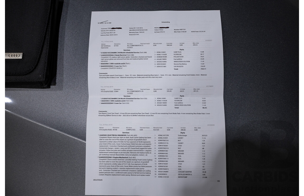 12/2013 Audi A5 Sportback 2.0 TFSI Quattro 8T S-Line Pack (AWD) MY14 5d Hatchback Grey Turbo 2.0L