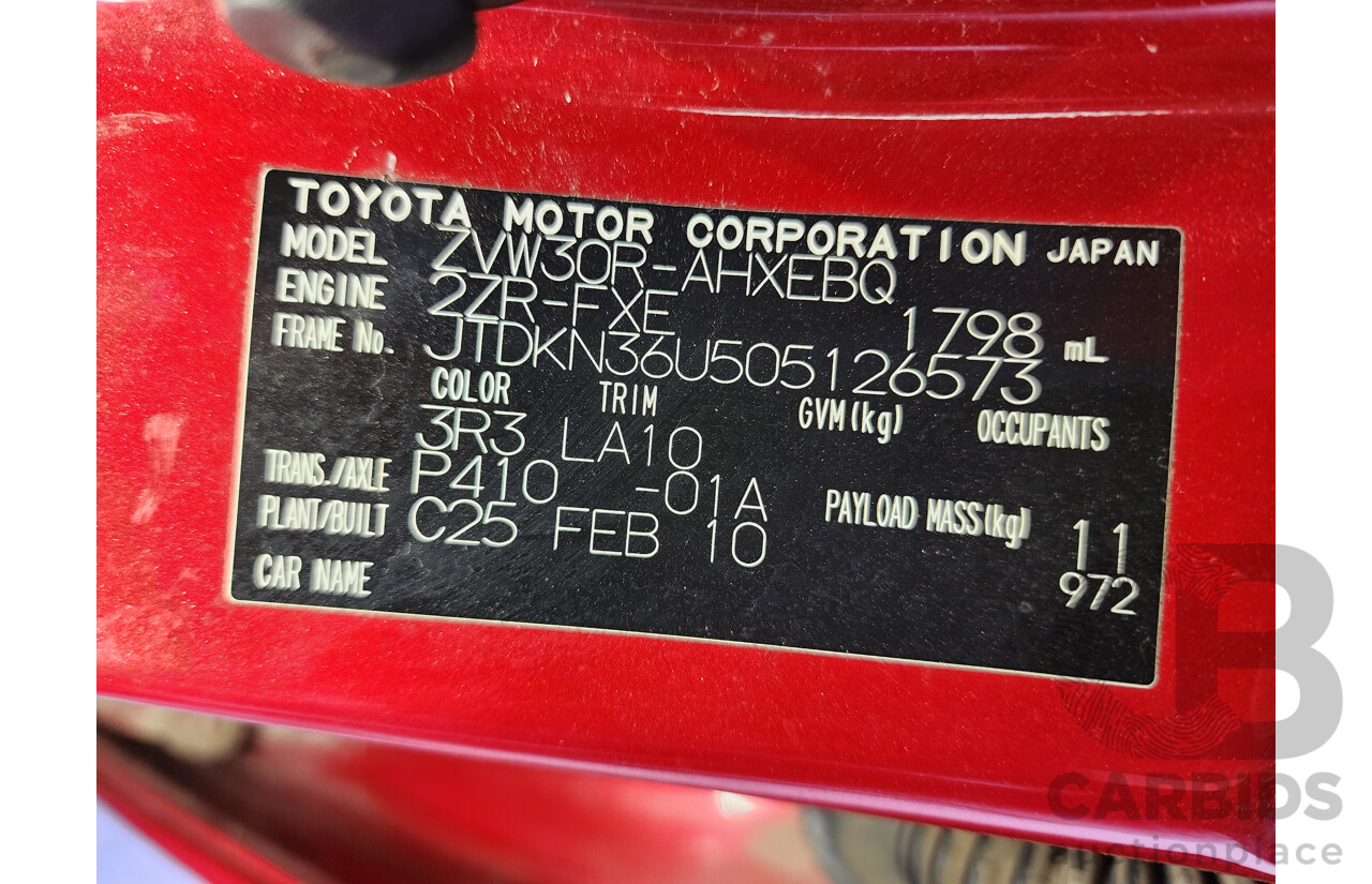 3/2010 Toyota Prius I-Tech Hybrid ZVW30R 5d Hatchback Red 1.8L