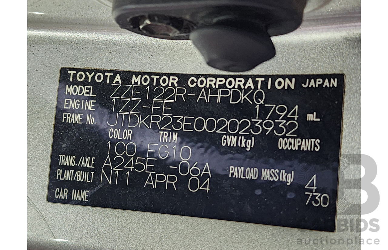 5/2004 Toyota Corolla Ascent SECA ZZE122R 5d Hatchback Grey/Silver 1.8L