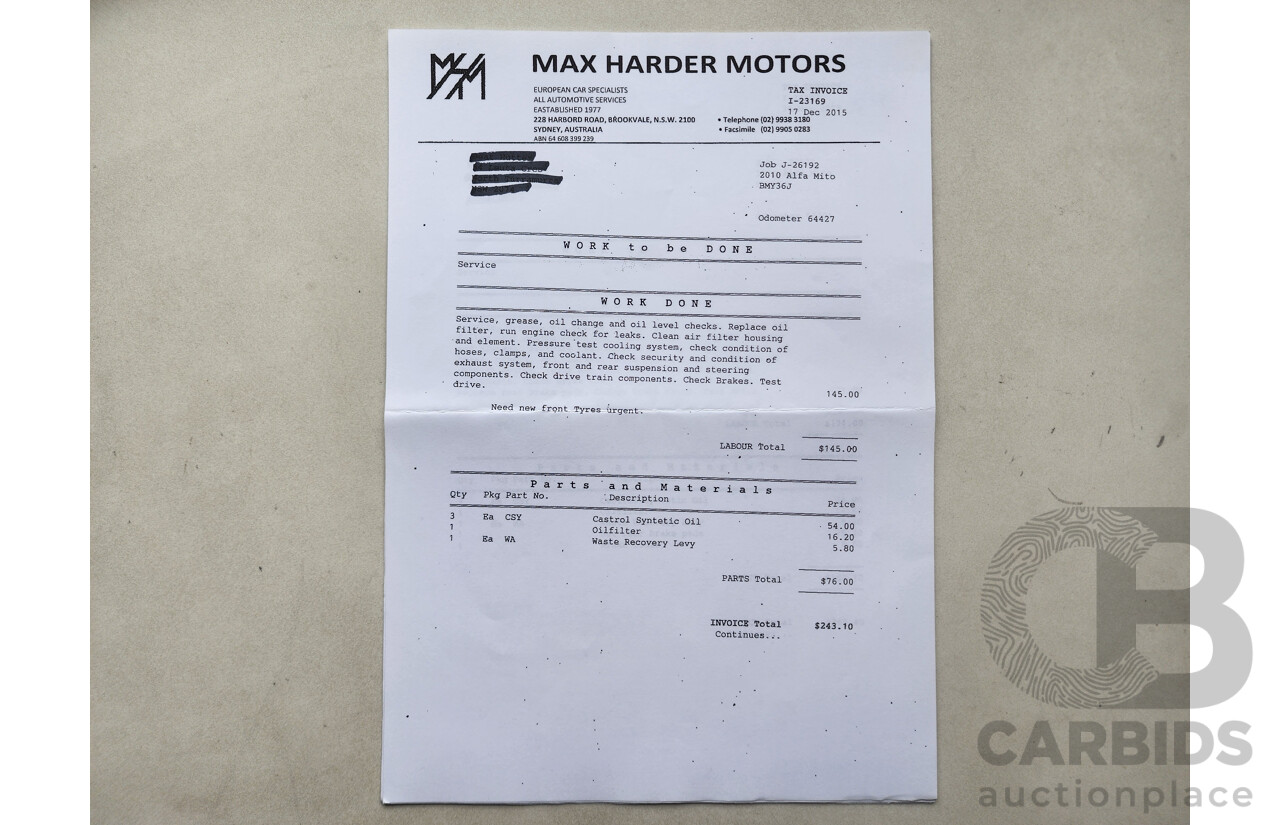 3/2010 Alfa Romeo Mito Sport  3d Hatchback Black 1.4L