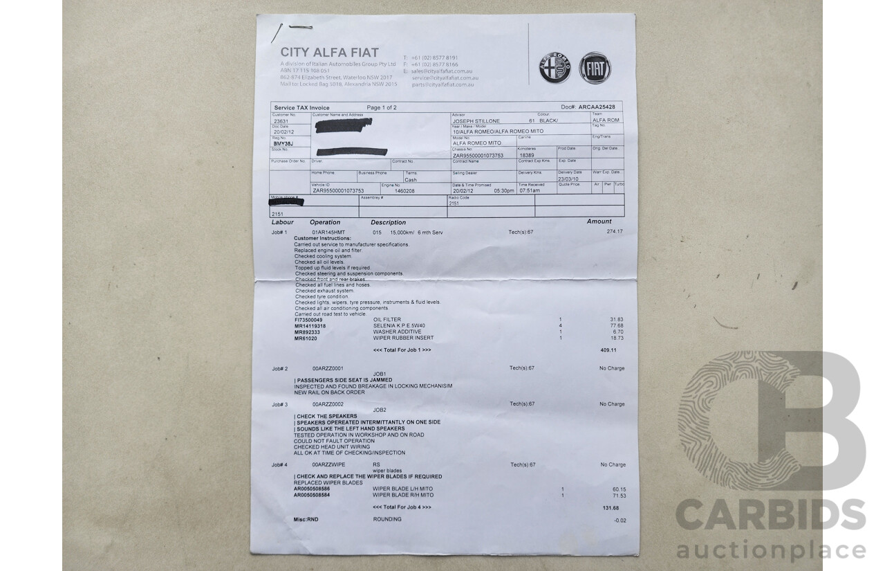 3/2010 Alfa Romeo Mito Sport  3d Hatchback Black 1.4L