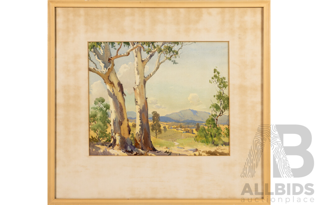 John William Roach (20th Century, Australian, 1894-1973), Landscape with Gums - View to the Mountains (c1940-50s), Original Vintage Watercolour, 60 x 64 cm (frame)