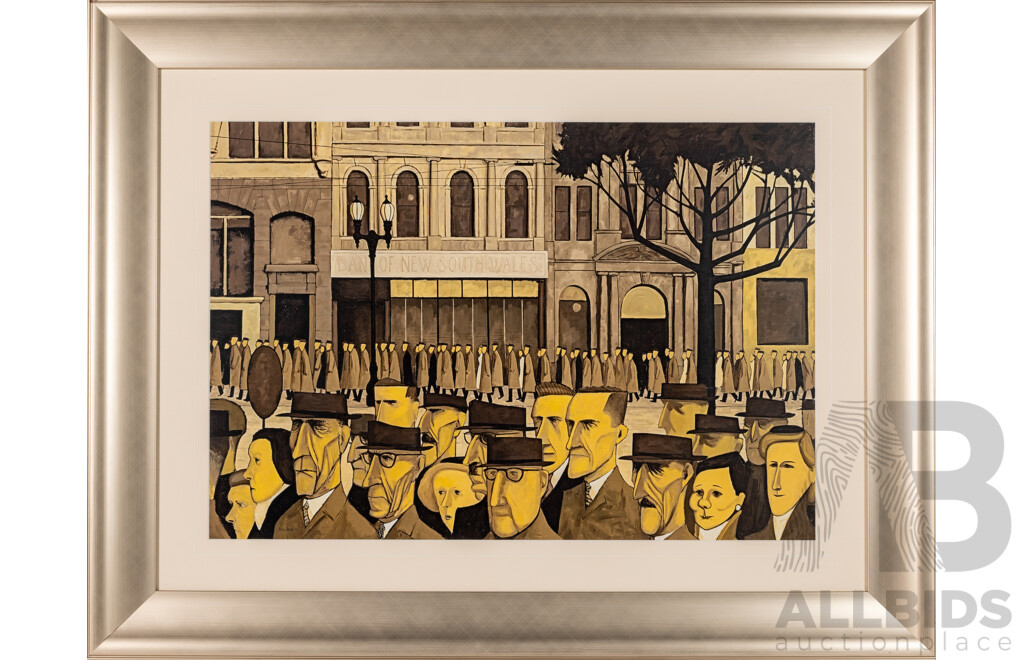 John Brack (20th Century, Australian, 1920-1999), Collins St., 5pm, Offset Lithograph of 1955 Original, 75 x 97 cm (frame)