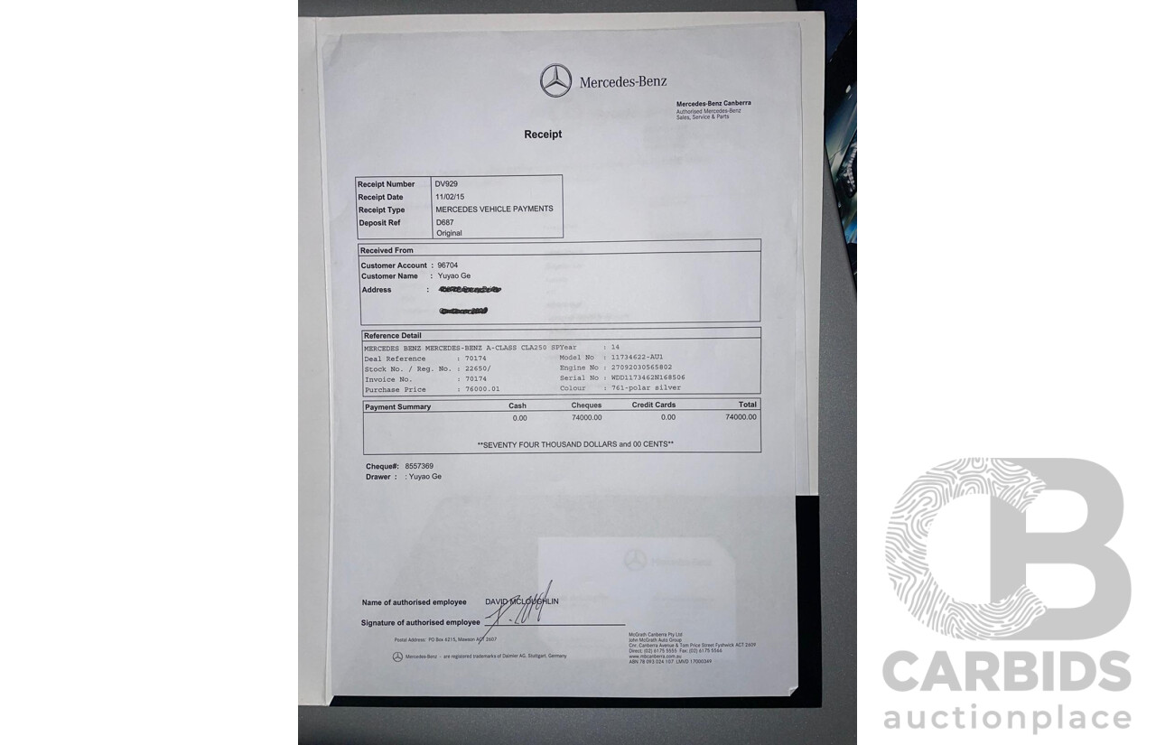 01/2015 Mercedes Benz CLA250 Sport 4matic (AWD) 117 MY15 4d Coupe Polar Silver Metallic Turbo 2.0L