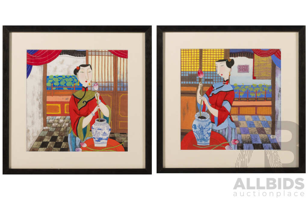 Hu Yongkai, (20th Century, Chinese-American, 1945-), Beauty in Oriental Interior Arranging Lotus Bud in Blue & White Vase I & II, Wonderful Original Ink & Watercolour, 39 x 39 cm (frames) (2)