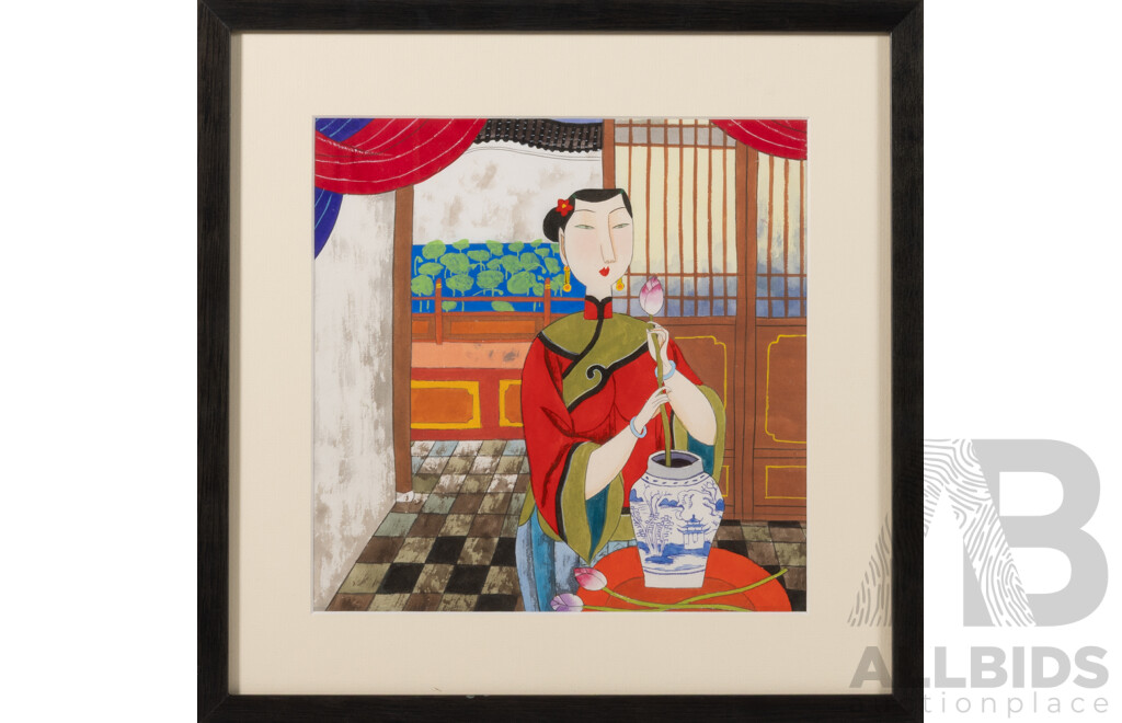 Hu Yongkai, (20th Century, Chinese-American, 1945-), Beauty in Oriental Interior Arranging Lotus Bud in Blue & White Vase I & II, Wonderful Original Ink & Watercolour, 39 x 39 cm (frames) (2)
