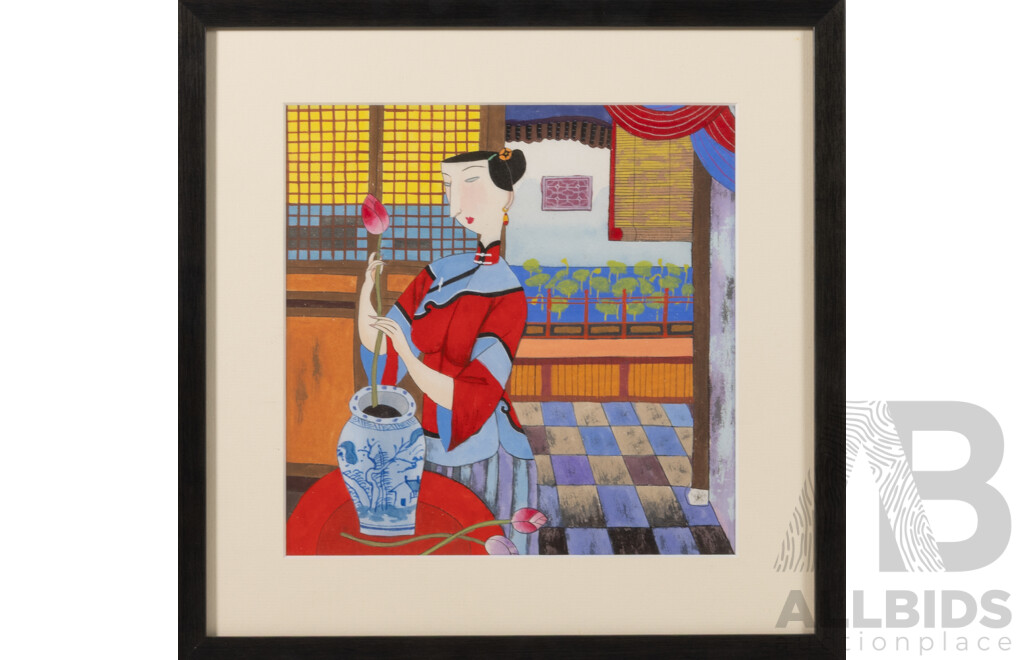 Hu Yongkai, (20th Century, Chinese-American, 1945-), Beauty in Oriental Interior Arranging Lotus Bud in Blue & White Vase I & II, Wonderful Original Ink & Watercolour, 39 x 39 cm (frames) (2)