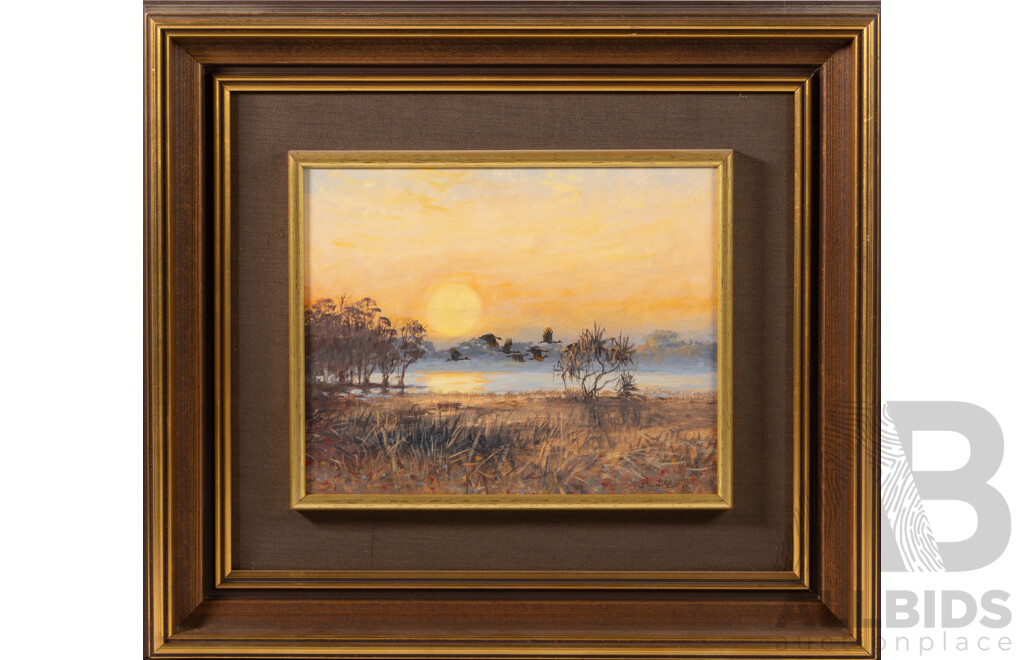 William (Bill) Beavan (20th Century, South African-Australian, 1944-2005), Sun Smoke & Geese, Kakadu NT (1983), Original Oil on Board, 40 x 45 cm (frame)