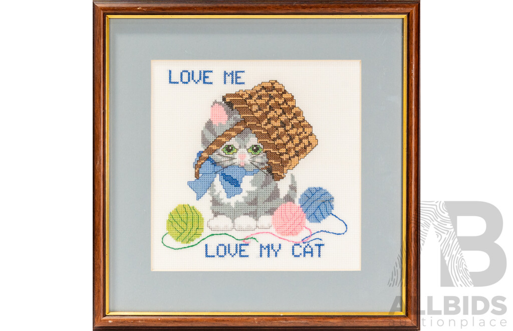 Artist Unknown, (20th Century, Australian), Love Me Love My Cat, Wonderful Handmade Cross Stitch, 32 x 32 cm (frame)