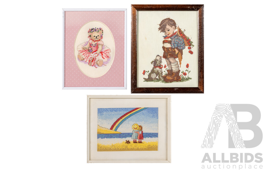 Artists Unknown (20th Century), Boy and Dog, Rainbow Friends & Pretty Teddy Bear, Trio of Miniature Framed Cross Stitches, 29 x 24 cm (largest frame)(3)