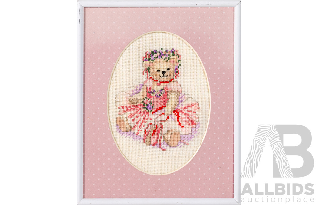 Artists Unknown (20th Century), Boy and Dog, Rainbow Friends & Pretty Teddy Bear, Trio of Miniature Framed Cross Stitches, 29 x 24 cm (largest frame)(3)