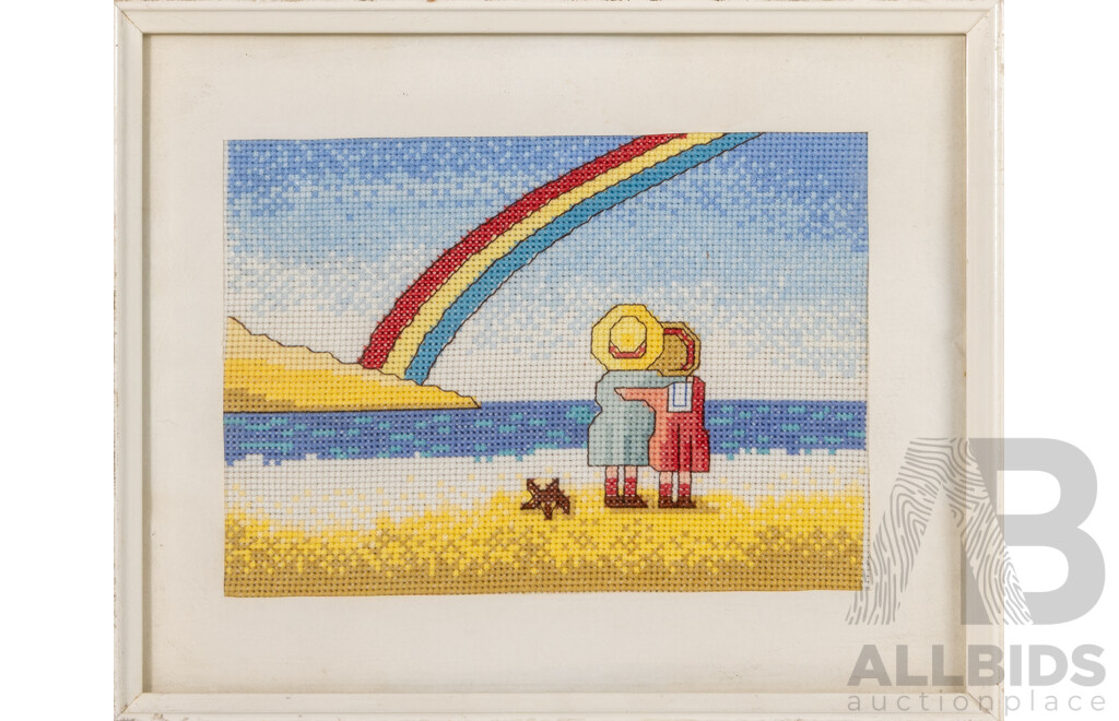 Artists Unknown (20th Century), Boy and Dog, Rainbow Friends & Pretty Teddy Bear, Trio of Miniature Framed Cross Stitches, 29 x 24 cm (largest frame)(3)