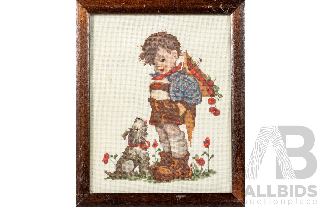 Artists Unknown (20th Century), Boy and Dog, Rainbow Friends & Pretty Teddy Bear, Trio of Miniature Framed Cross Stitches, 29 x 24 cm (largest frame)(3)