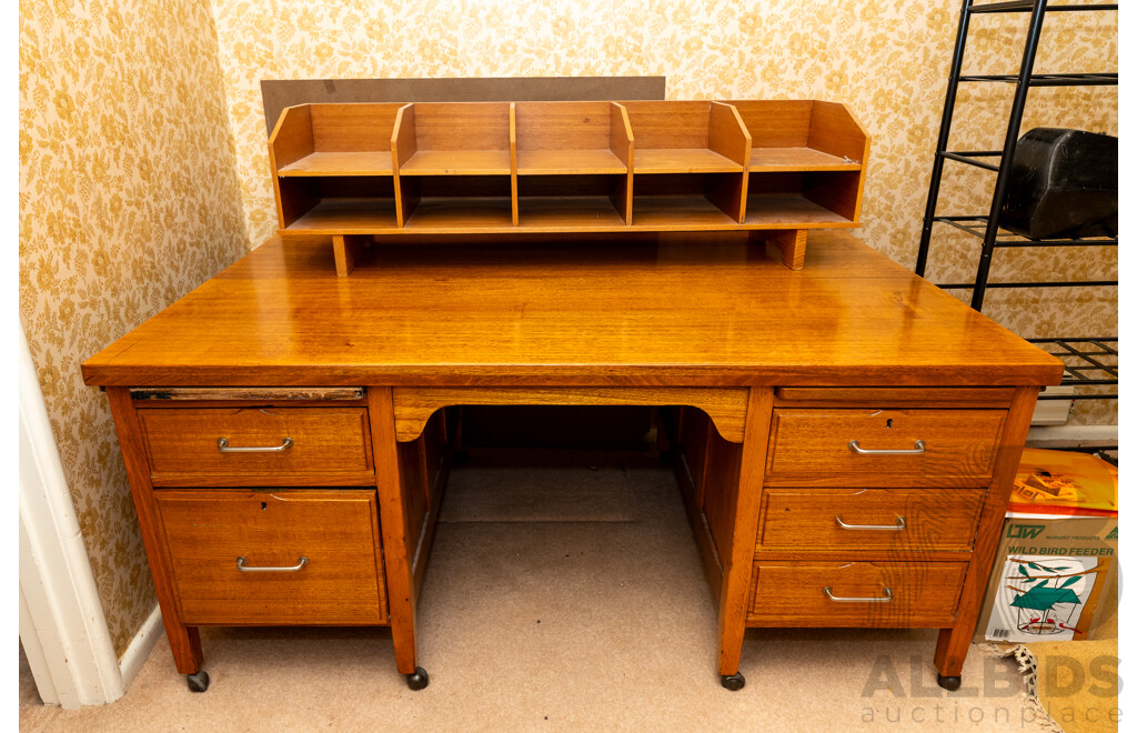 Large Modern Oak Five Drawer Clerks Desk with Later Fitted Plywood Hutch
