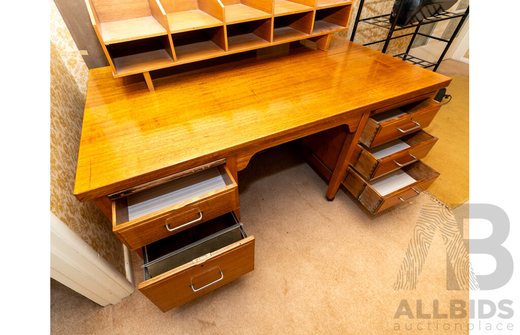 Large Modern Oak Five Drawer Clerks Desk with Later Fitted Plywood Hutch