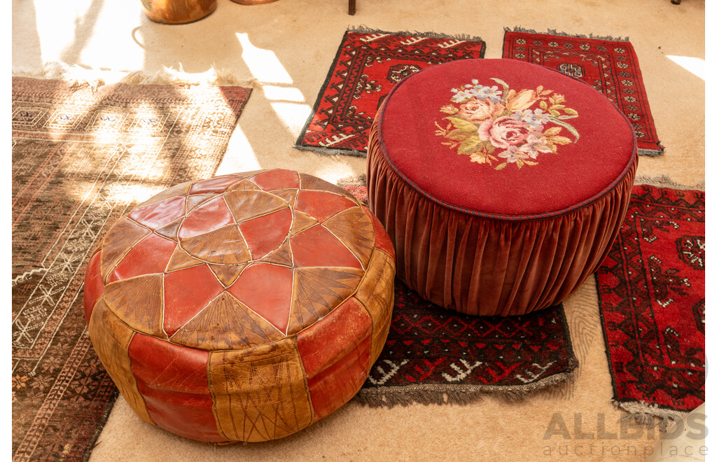 Two Vintage Ottomans, One Leather, One Tapestry Top