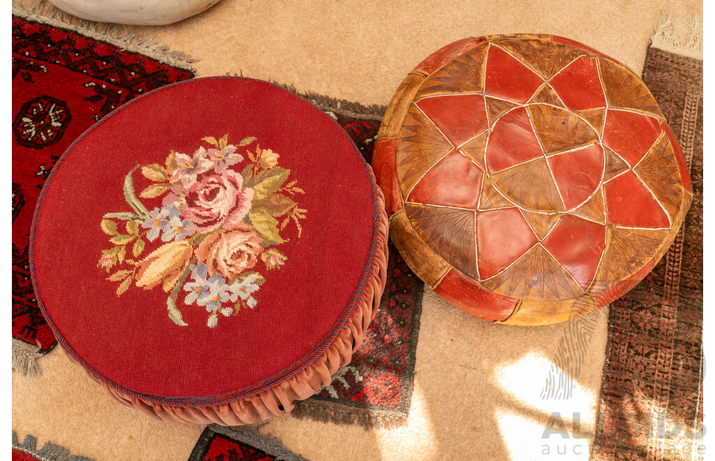 Two Vintage Ottomans, One Leather, One Tapestry Top