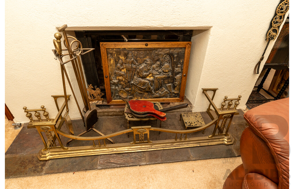 Art Nouveau Brass Fire Guard with Tools, Bellows and Trivets